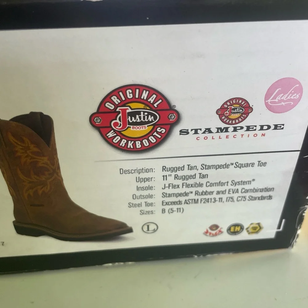 Justin Boots Brown Leather Western Work Boots with Red & Yellow Embroidery - Picture 8 of 9